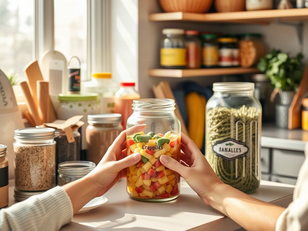 Bright cozy kitchen scene with grocery staples arranged neatly, a clear glass jar labeled colors, calm hands planning weekly meals, warm morning light, no clutter.