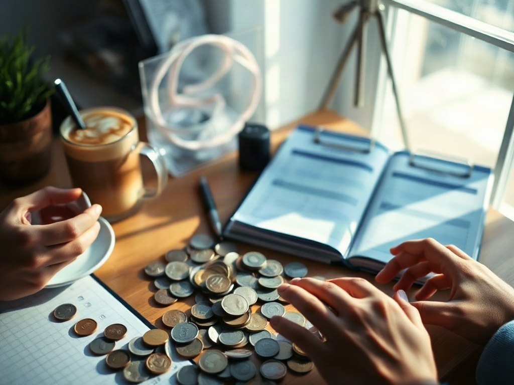 "Serene desk scene with weekly budget planner, warm sunlight, calm latte, scattered coins transitioning into a clear pathway, soft blue-gray tones, subtle math-like flow lines, diverse hands starting." "No logos, no text, no numbers, cinematic lighting, h