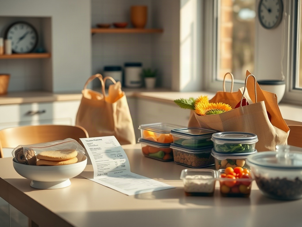 A calm kitchen table with grocery receipt, reusable bags, neatly organized food containers, warm morning light, subtle clock motion lines, balanced scales, clean minimalist style, high detail.