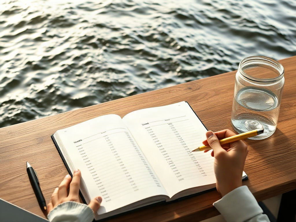 "Calm desk with open notebook and weekly budget chart as flowing river into calm waves; soft morning light; hands organizing, visible savings jar, serene atmosphere" "Use no text"