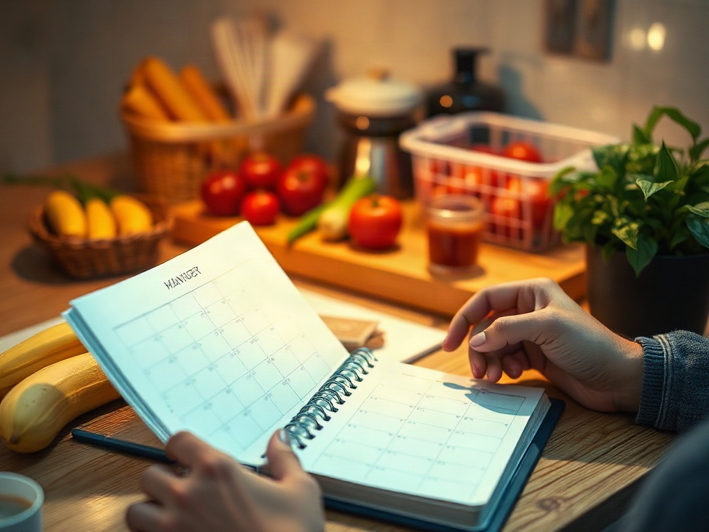 Cozy kitchen scene with open planner and neatly sorted grocery items, a glowing monthly ledger overlaid as visual metaphor, calm warm lighting, focused hands preventing waste"