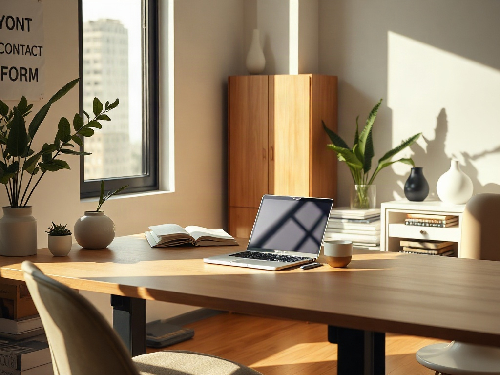 "Warm modern office scene with a calm desk, open laptop, neatly arranged contact form elements, soft natural light, subtle flowing lines suggesting easy communication, inviting atmosphere."