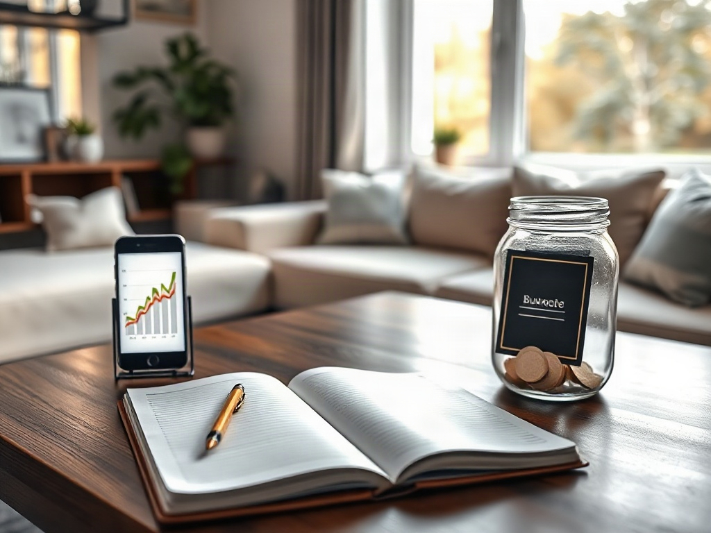 A calm modern living room desk with an open notebook, smartphone showing budgeting charts as blank shapes, warm window light, subtle path graphic to a savings jar.