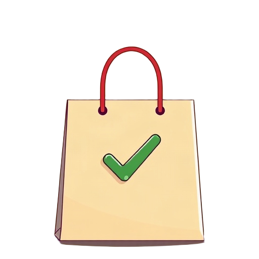 Carefully describe an image in great detail that needs to be generate, use quotes to split visual things, "shopping bag" "calendar" "money sparkles" "checkmark" "peaceful brain icon"