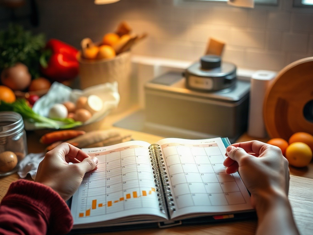 Cozy kitchen scene with open planner and neatly sorted grocery items, a glowing monthly ledger overlaid as visual metaphor, calm warm lighting, focused hands preventing waste"