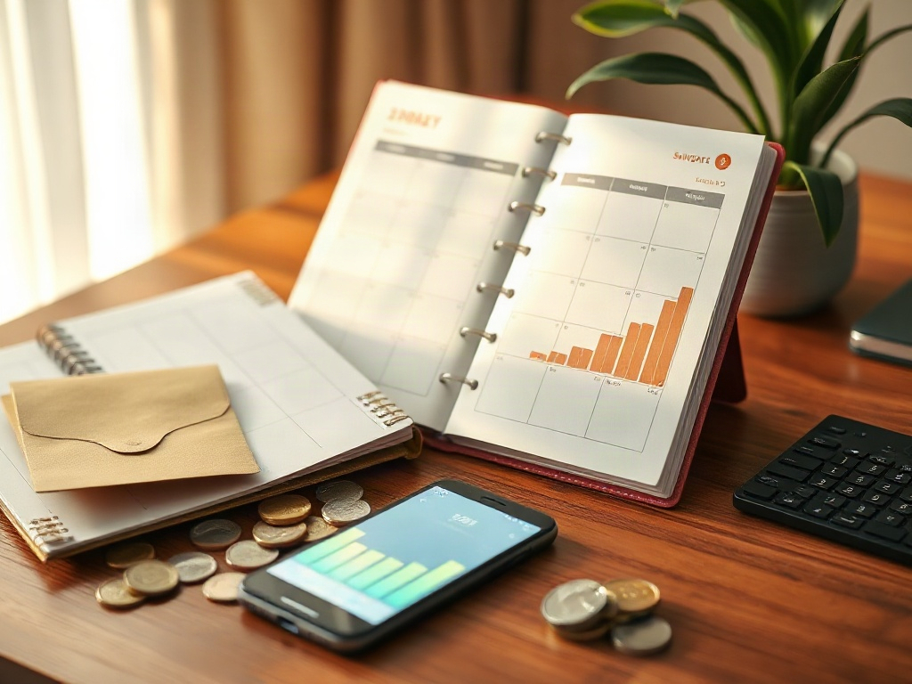 "A calm home desk with an open weekly planner, coins and envelopes, a smartphone showing budgeting bars, soft morning light, subtle upward savings arrow, serene atmosphere"