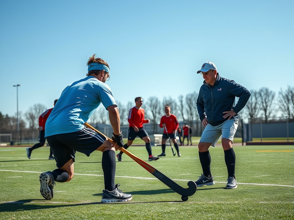 Een hockeyspeler traint intensief met een coach.