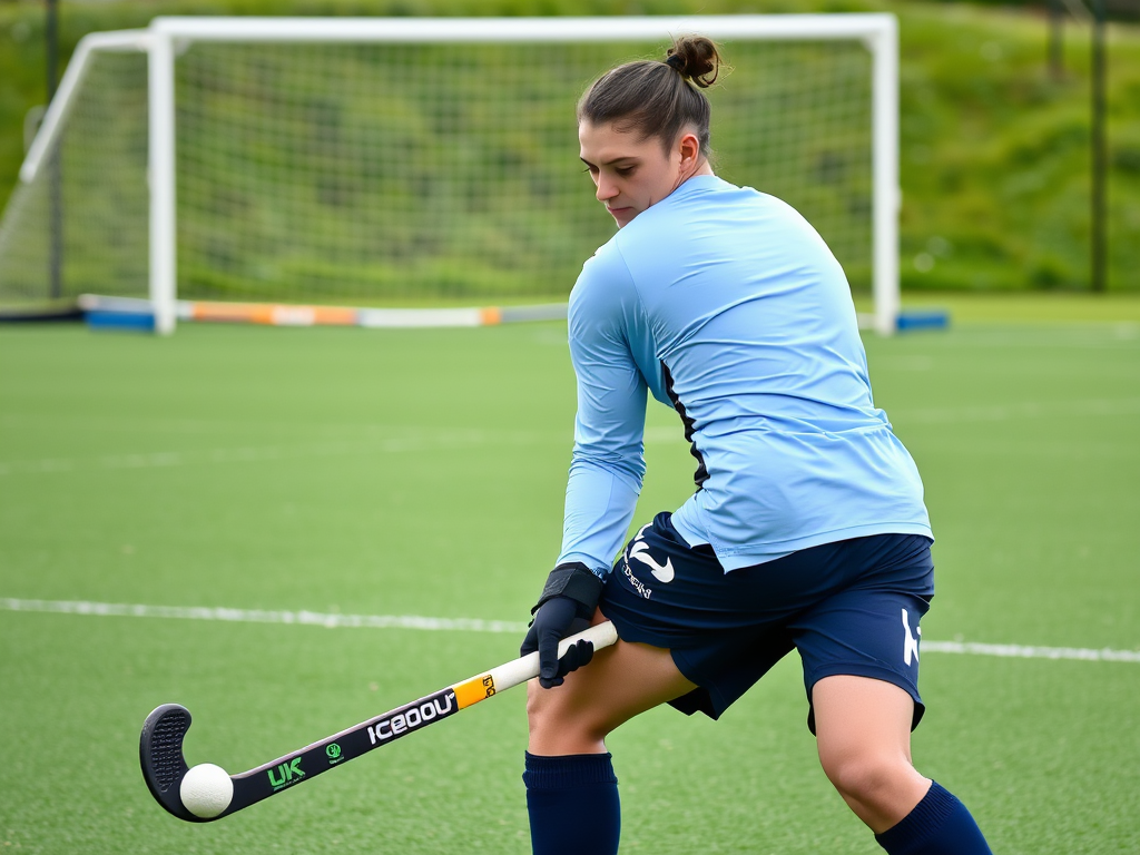 Een geconcentreerde hockeyspeler traint alleen op het veld.