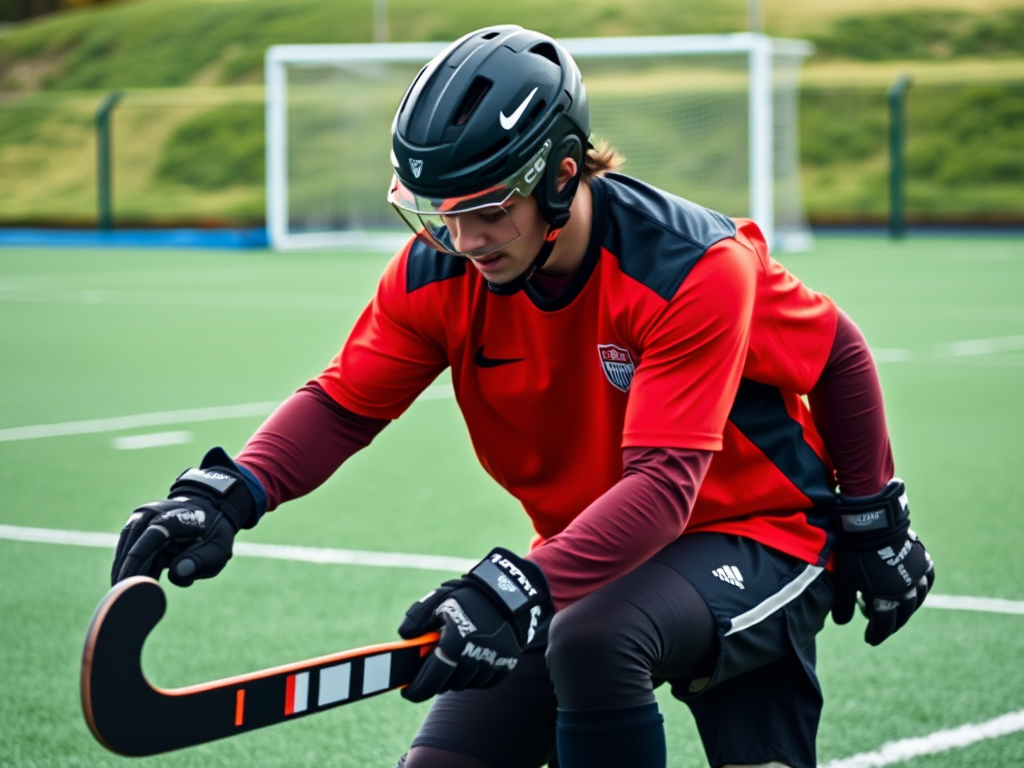 Een gefocuste hockeyspeler traint alleen op het veld.