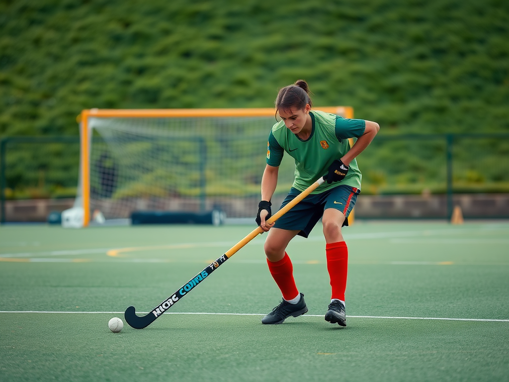 Een hockeyspeler traint alleen op een veld.