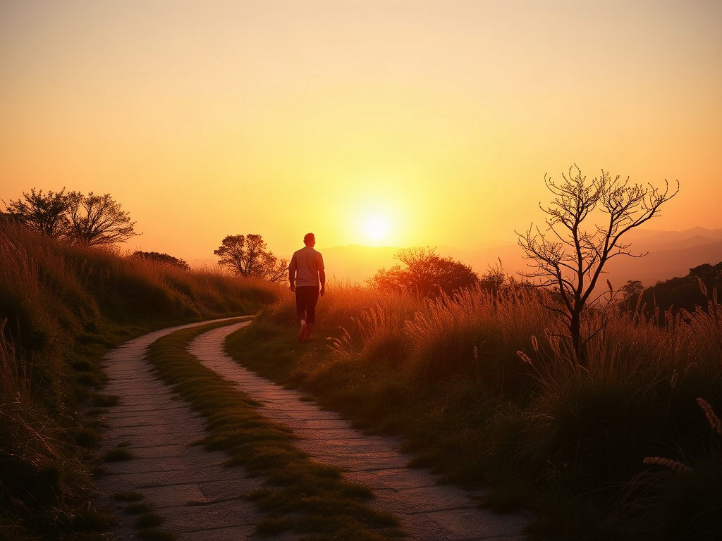 "A calm sunrise over a winding path into soft light, abstract values symbols as gentle threads, a grounded middle-aged professional silhouette, warm soothing colors" "Instagram portrait composition, high contrast, serene mood, no logos, no words"