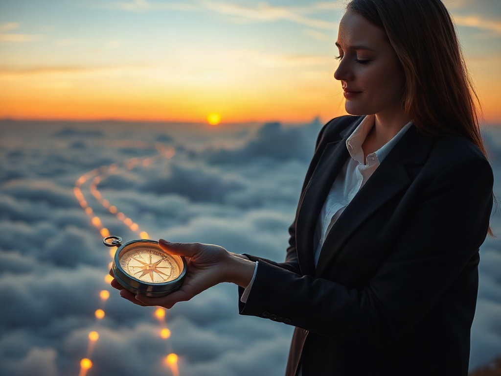 A calm person in professional attire at dawn, holding a glowing compass; soft paths between clouds, symbolizing values guiding life and work toward peace, direction, fulfillment.