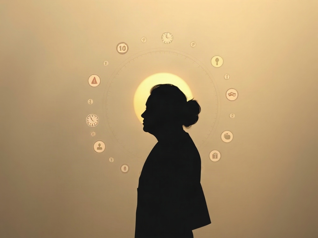 "a calm professional silhouette" "surrounded by floating value-icons" "soft morning light" "broken clock-rhythm" "quiet pathway to self-direction"