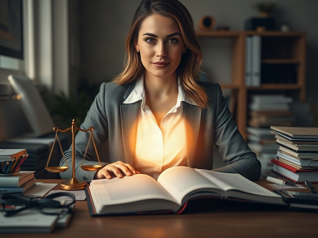 "A calm professional portrait, soft dawn light, heart-shaped warm glow over muted desk clutter, balanced scales of values, open notebook, path of light leading forward, serene atmosphere"