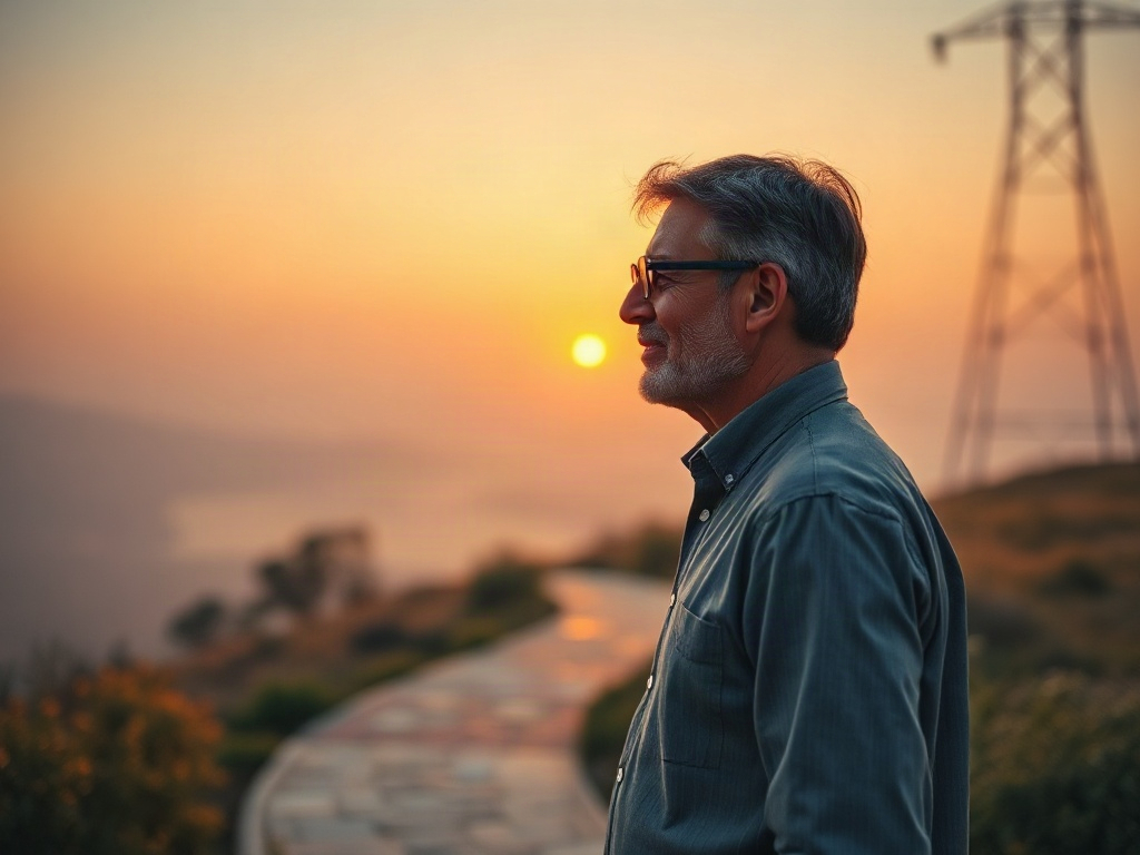 "A calm sunrise over a winding path into soft light, abstract values symbols as gentle threads, a grounded middle-aged professional silhouette, warm soothing colors" "Instagram portrait composition, high contrast, serene mood, no logos, no words"