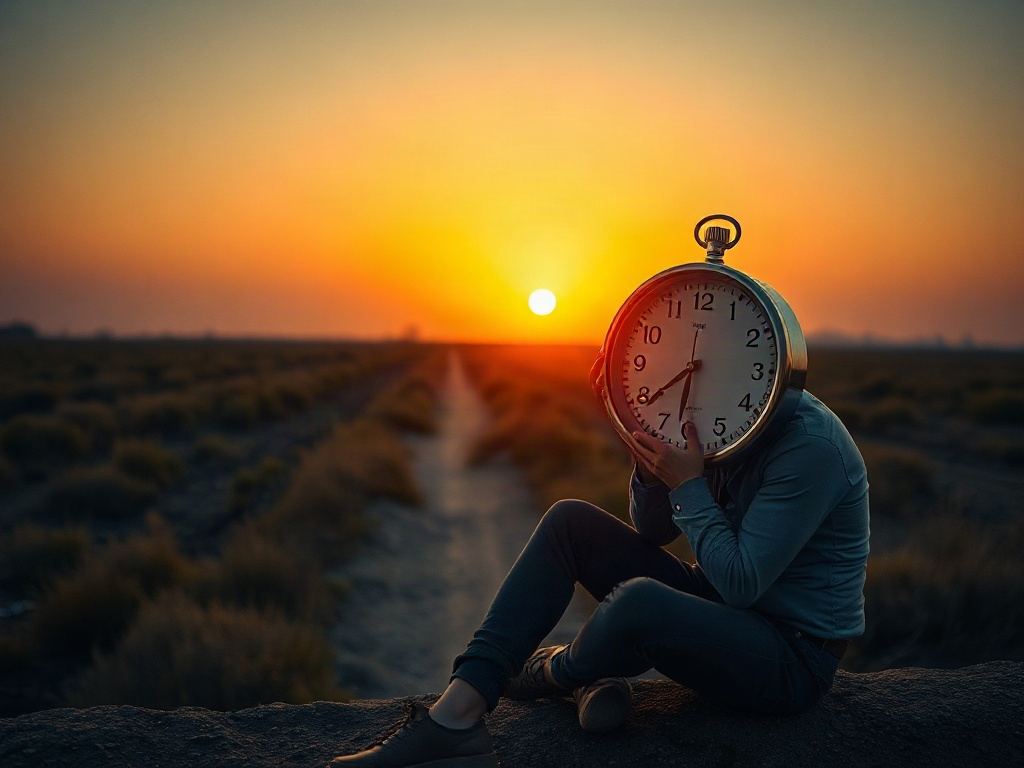 A weary professional sits at dawn, letting a chaotic clock fall, replacing it with a glowing compass and serene pathway, warm light, calming atmosphere.