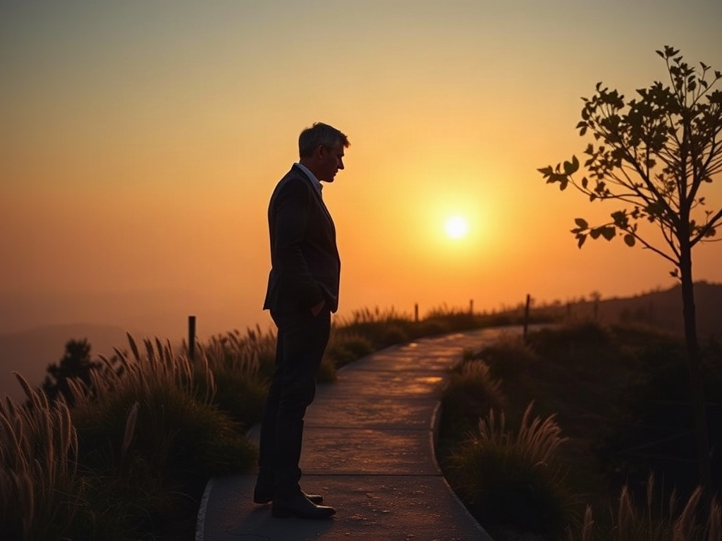 "A calm sunrise over a winding path into soft light, abstract values symbols as gentle threads, a grounded middle-aged professional silhouette, warm soothing colors" "Instagram portrait composition, high contrast, serene mood, no logos, no words"