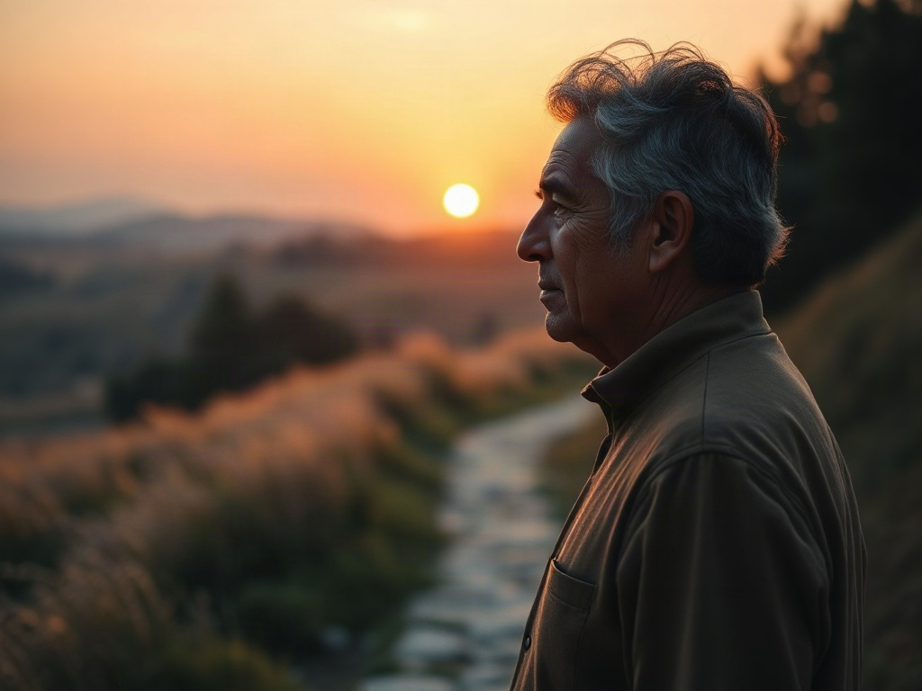 "A calm sunrise over a winding path into soft light, abstract values symbols as gentle threads, a grounded middle-aged professional silhouette, warm soothing colors" "Instagram portrait composition, high contrast, serene mood, no logos, no words"