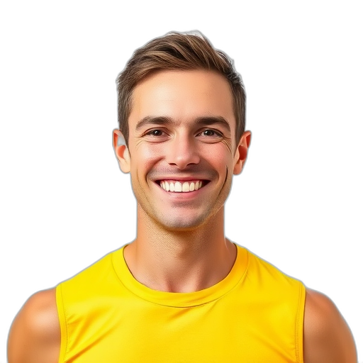 Een glimlachende persoon met een gele sporttop.