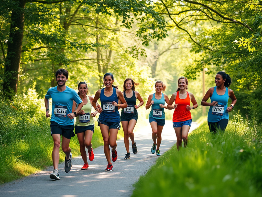 Een diverse groep hardlopers op een zonnig pad.