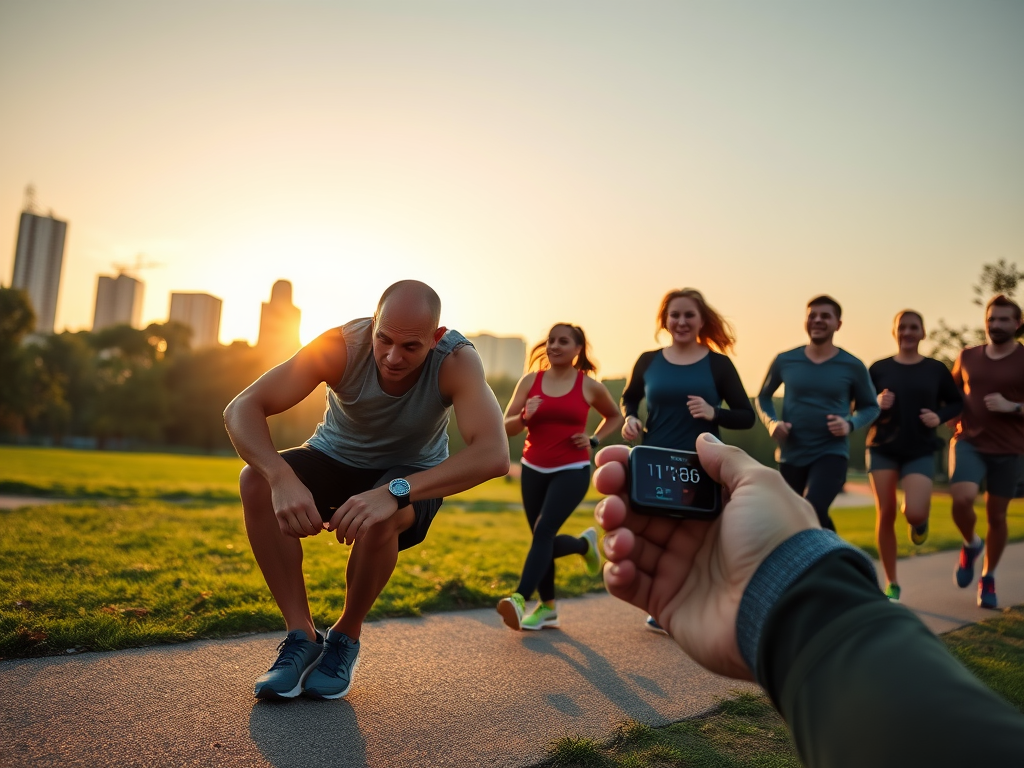 "Runner tying shoelaces" "sunrise over city park" "diverse group jogging together" "digital smartwatch displaying stats" "cheerful expressions, dynamic motion"