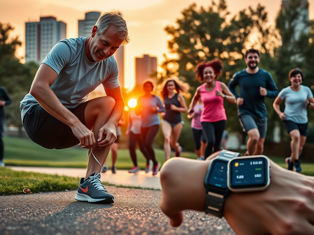 "Runner tying shoelaces" "sunrise over city park" "diverse group jogging together" "digital smartwatch displaying stats" "cheerful expressions, dynamic motion"