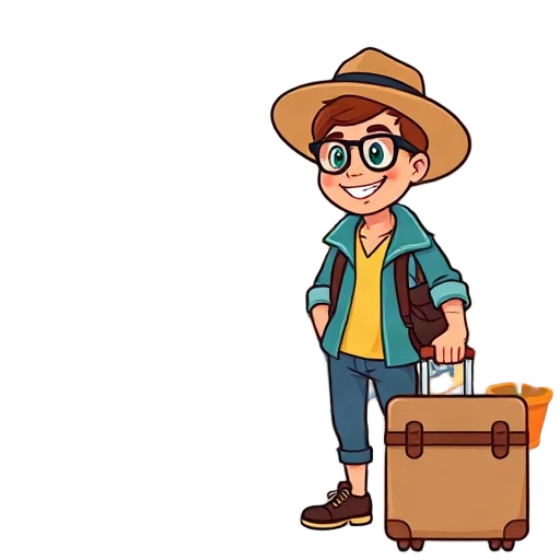 "Smiling traveler, Spanish terrace, suitcase"