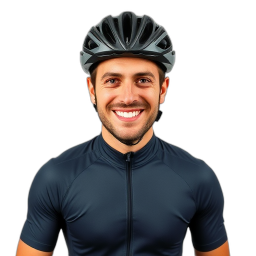 Een persoon met een helm die naar de camera glimlacht.