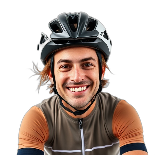 Een lachende persoon met een fietshelm.