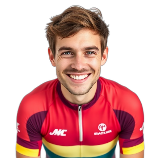 Een lachende persoon in een kleurrijke fietspak.