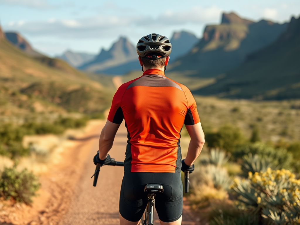 Fietser in een gravelshirt, omringd door Zuid-Afrikaanse bergen.