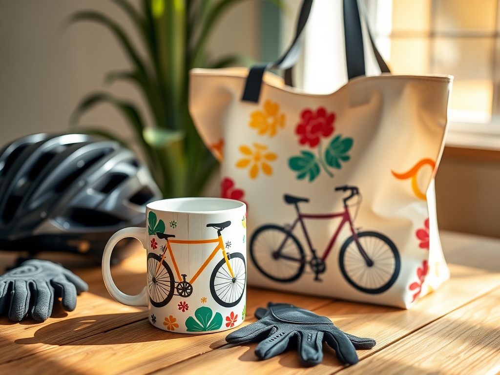 A stylish ceramic coffee mug and spacious tote bag, both featuring vibrant cycling-themed patterns, placed on a wooden table with sunlight, next to a bicycle helmet and gloves.