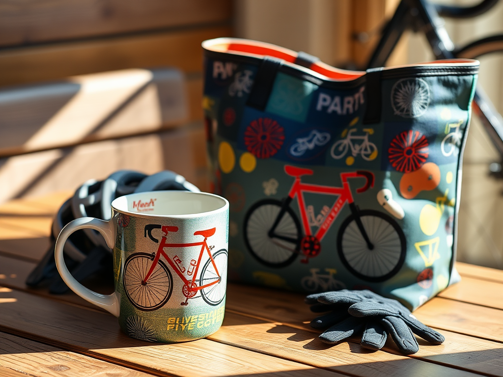 A stylish ceramic coffee mug and spacious tote bag, both featuring vibrant cycling-themed patterns, placed on a wooden table with sunlight, next to a bicycle helmet and gloves.