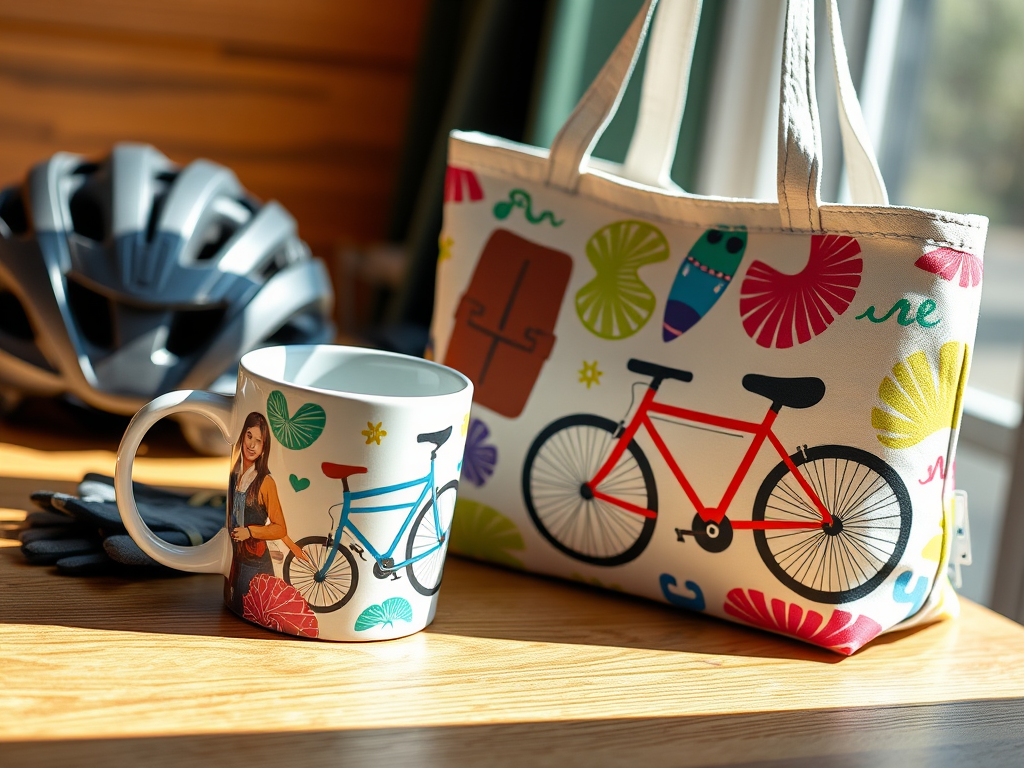 A stylish ceramic coffee mug and spacious tote bag, both featuring vibrant cycling-themed patterns, placed on a wooden table with sunlight, next to a bicycle helmet and gloves.