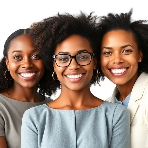 A diverse group of three professionals smiling confidently, soft natural lighting, white background, expressing transformation, growth, and positive energy.
