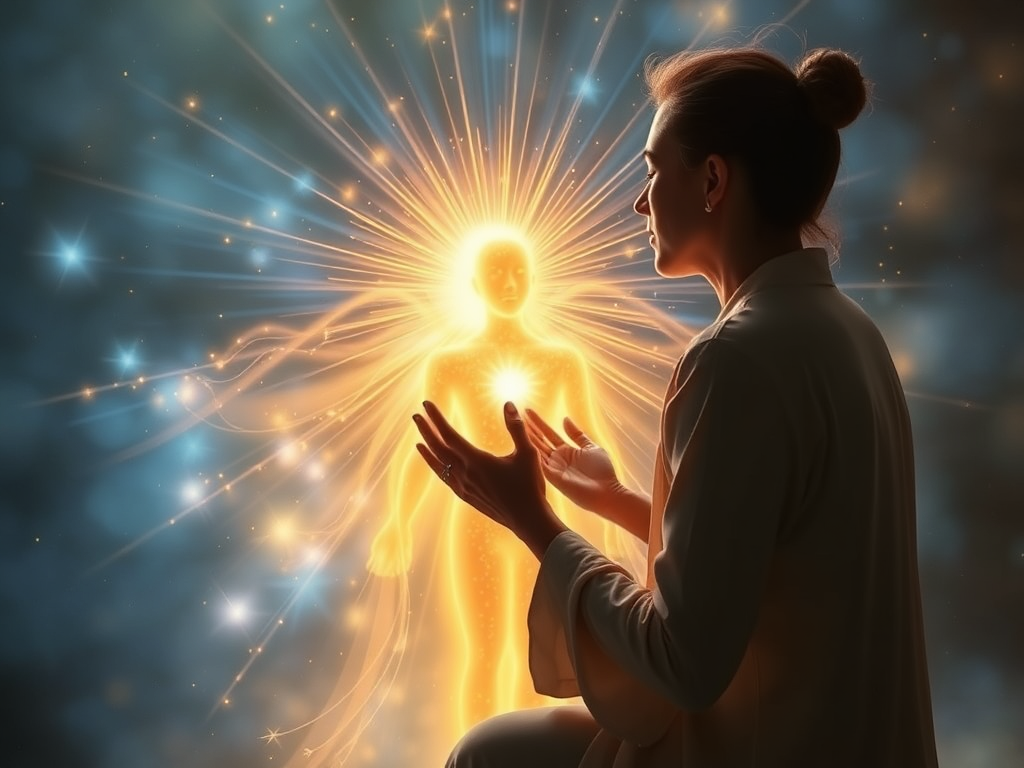 A serene, radiant coach guiding a glowing figure through energy flows, surrounded by calming blue and gold light, symbolizing transformation and empowerment.