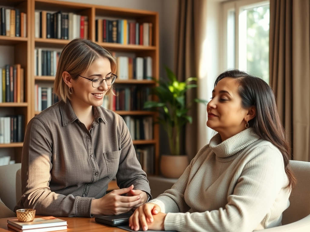 "calm professional coach in a serene office" "soft natural light" "bookshelves with psychology books" "peaceful client deeply engaged" "warm earthy tones" "focus on transformation and growth"