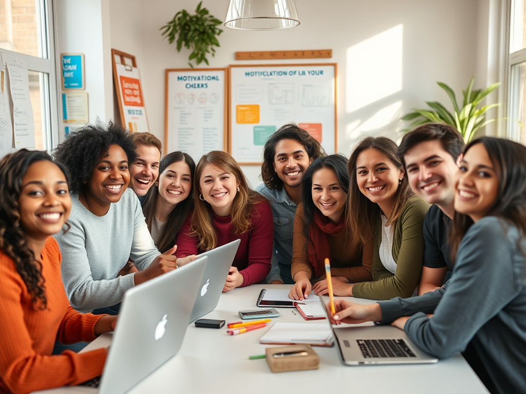 A diverse group of people smiling and interacting warmly in a cozy, bright room with laptops, notebooks, and motivational charts, symbolizing personal growth and learning.
