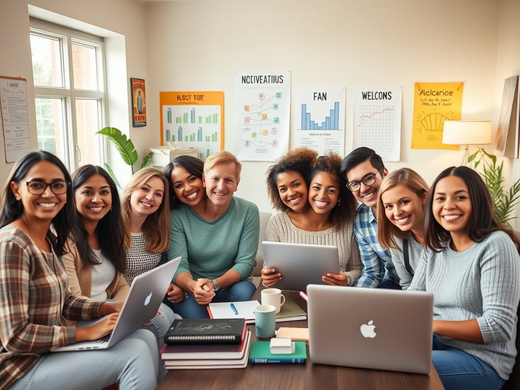 A diverse group of people smiling and interacting warmly in a cozy, bright room with laptops, notebooks, and motivational charts, symbolizing personal growth and learning.