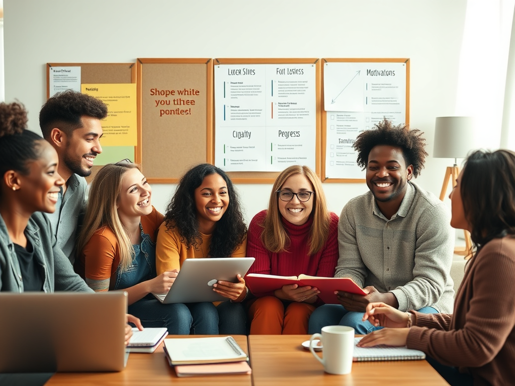 A diverse group of people smiling and interacting warmly in a cozy, bright room with laptops, notebooks, and motivational charts, symbolizing personal growth and learning.