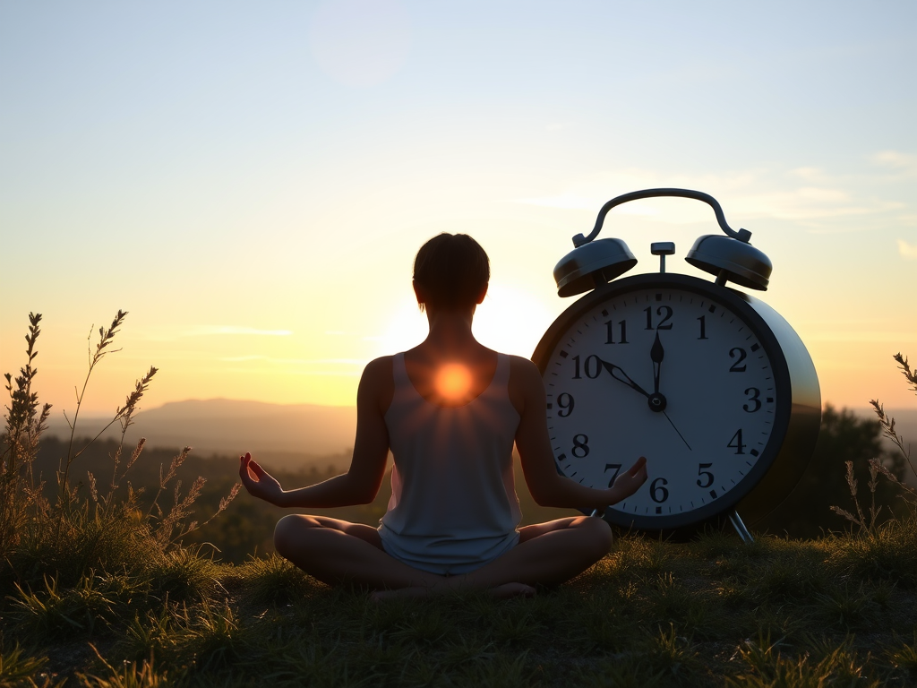 Persoon mediteert buiten bij zonsopgang met klok en natuur.
