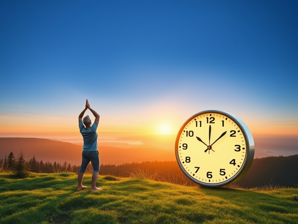 "peaceful sunrise" over "serene natural landscape" with "healthy person stretching" near a "glowing clock" symbolizing internal biological rhythm, surrounded by "soft greenery" and "calm blue sky."