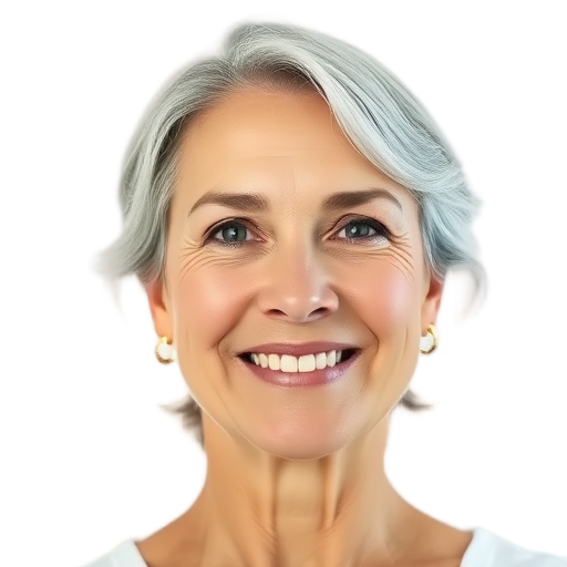 A middle-aged woman smiling gently, soft natural light, minimal makeup, plain white background, warm and inviting expression.
