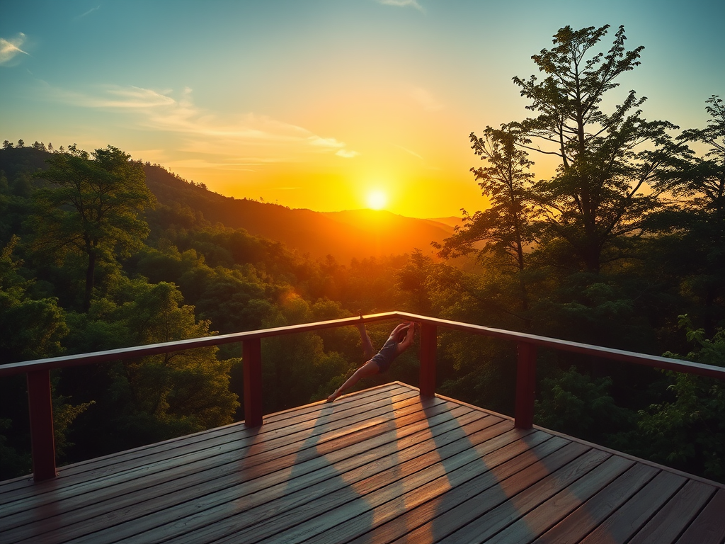 "peaceful sunrise" over "lush green forest", a "person stretching in yoga pose" on a "wooden deck", soft "golden light" filtering through trees, evoking "energy and vitality".