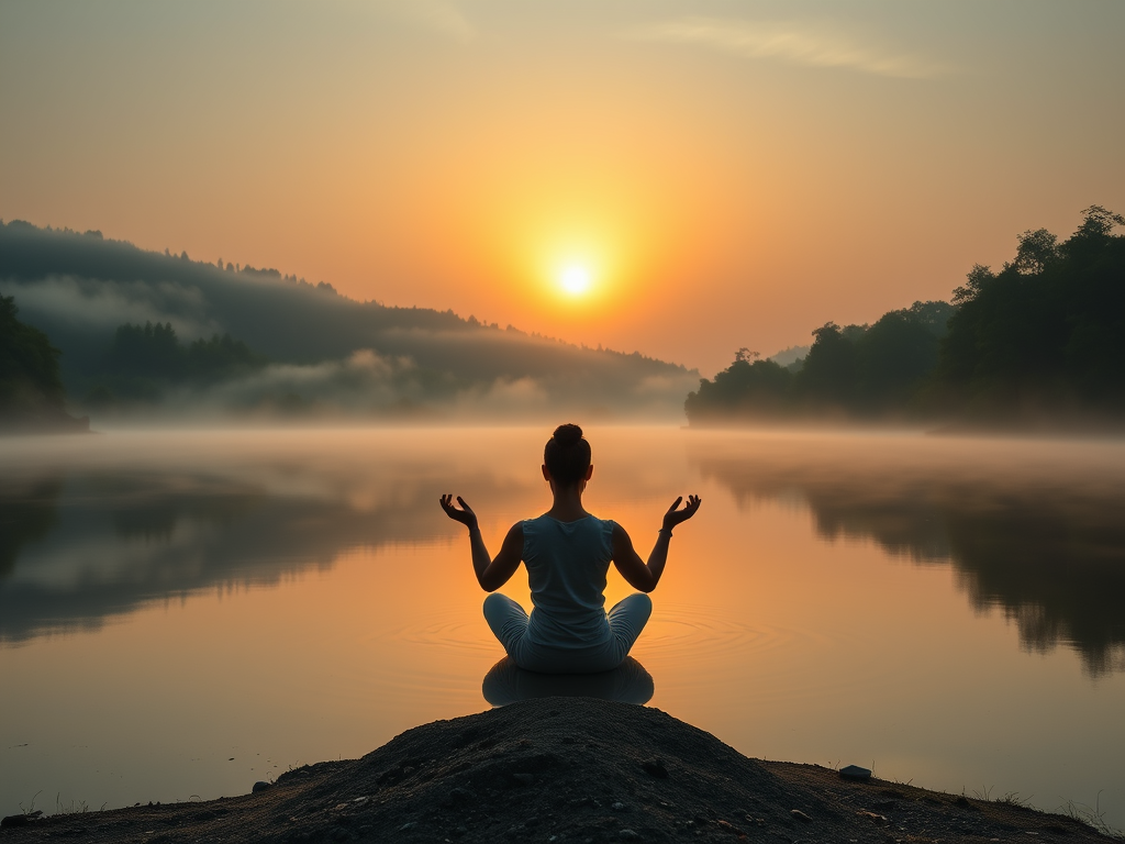 "peaceful sunrise" over "calm lake" with "soft mist," "green trees," and a "person meditating" in serene nature, embodying natural rhythm and energy.