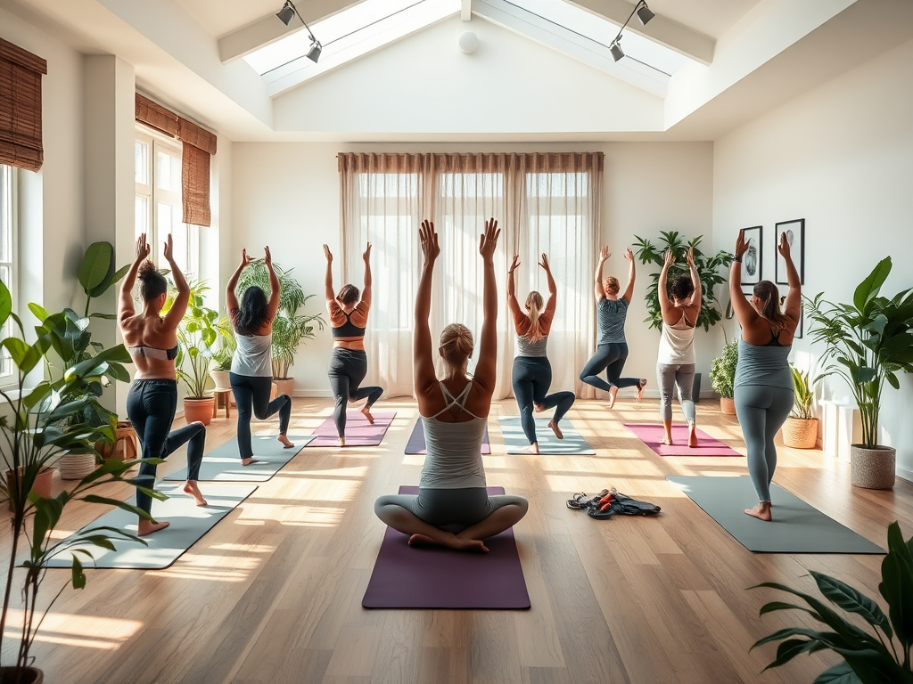 Een serene yogastudio met diverse beoefenaars en planten.