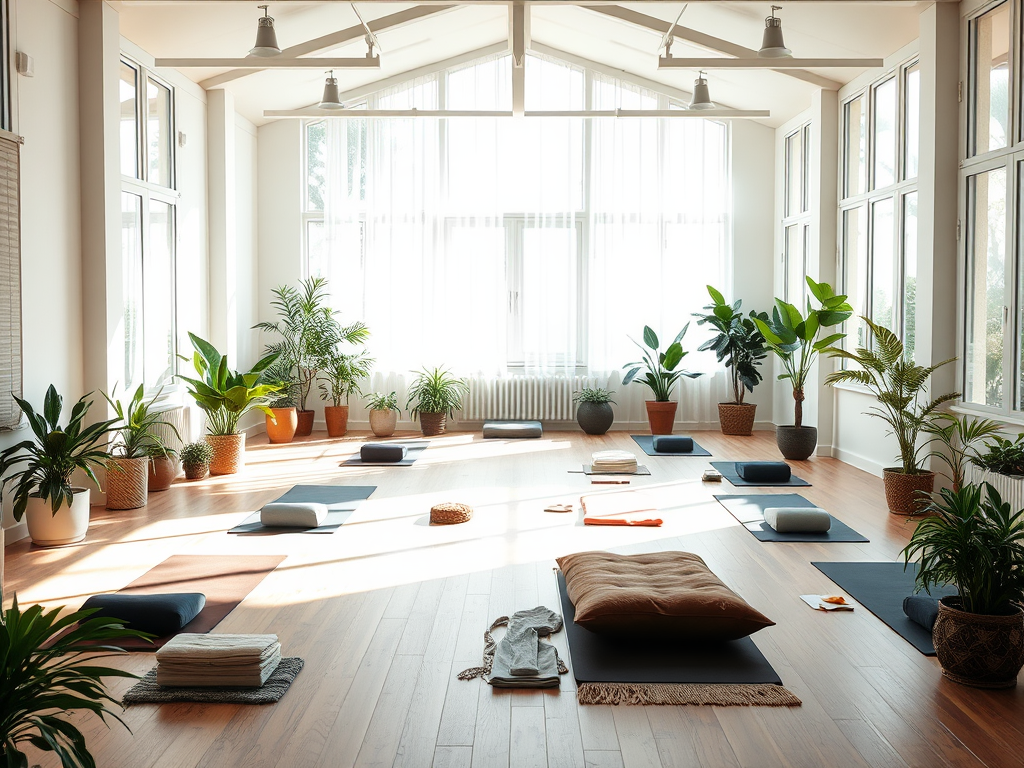 Een serene yogastudio met natuurlijke lichtinval en planten.