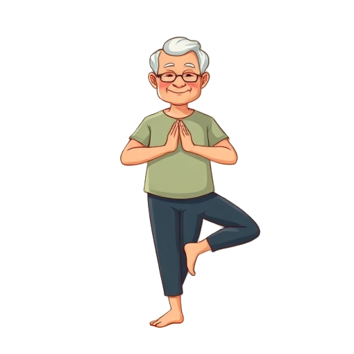 Carefully describe an image in great detail that needs to be generate, use quotes to split visual things. " " " "A relaxed senior figure doing yoga pose 'one hand on heart' 'standing on balance lines' " " 'flowing waves' for flexibility and 'support hands