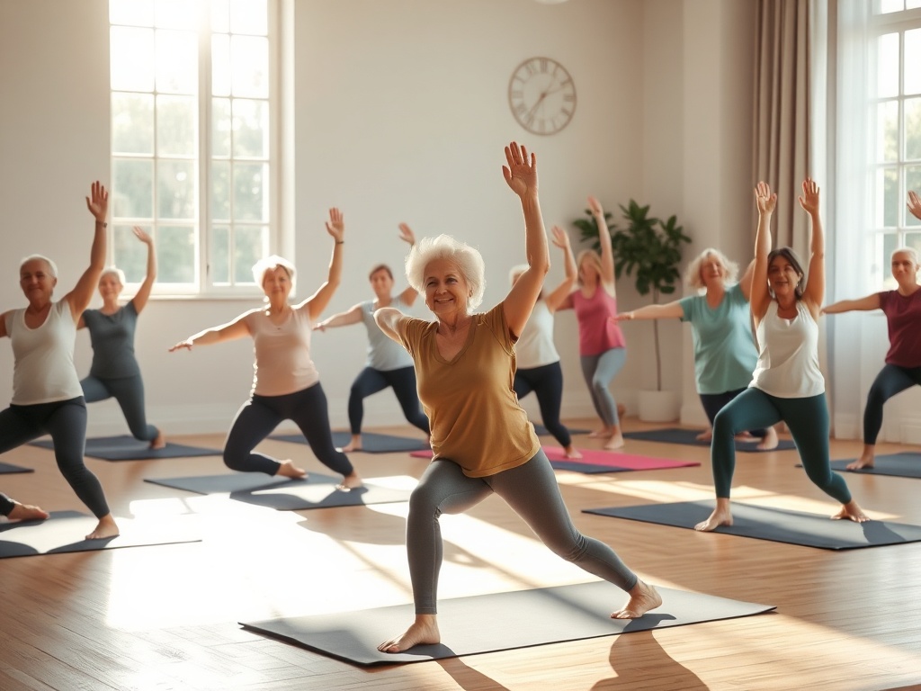 A calm 50+ yoga class scene, diverse seniors on nonbranded mats, gentle stretch and balance, warm sunlight, supportive smiles, cozy studio, airy relaxation.