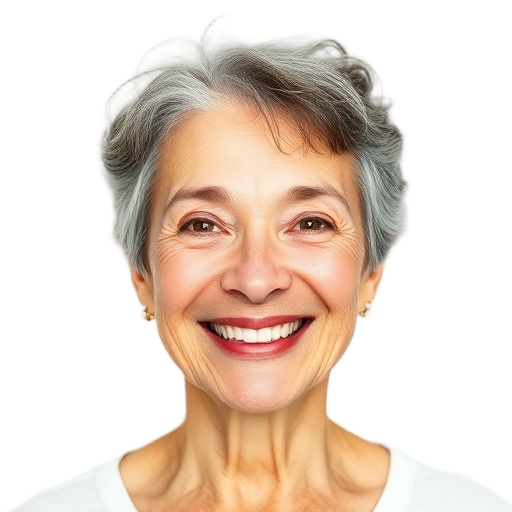 A smiling 50+ participant to the camera with a white background, warm friendly eyes, relaxed expression, natural skin texture, soft light.